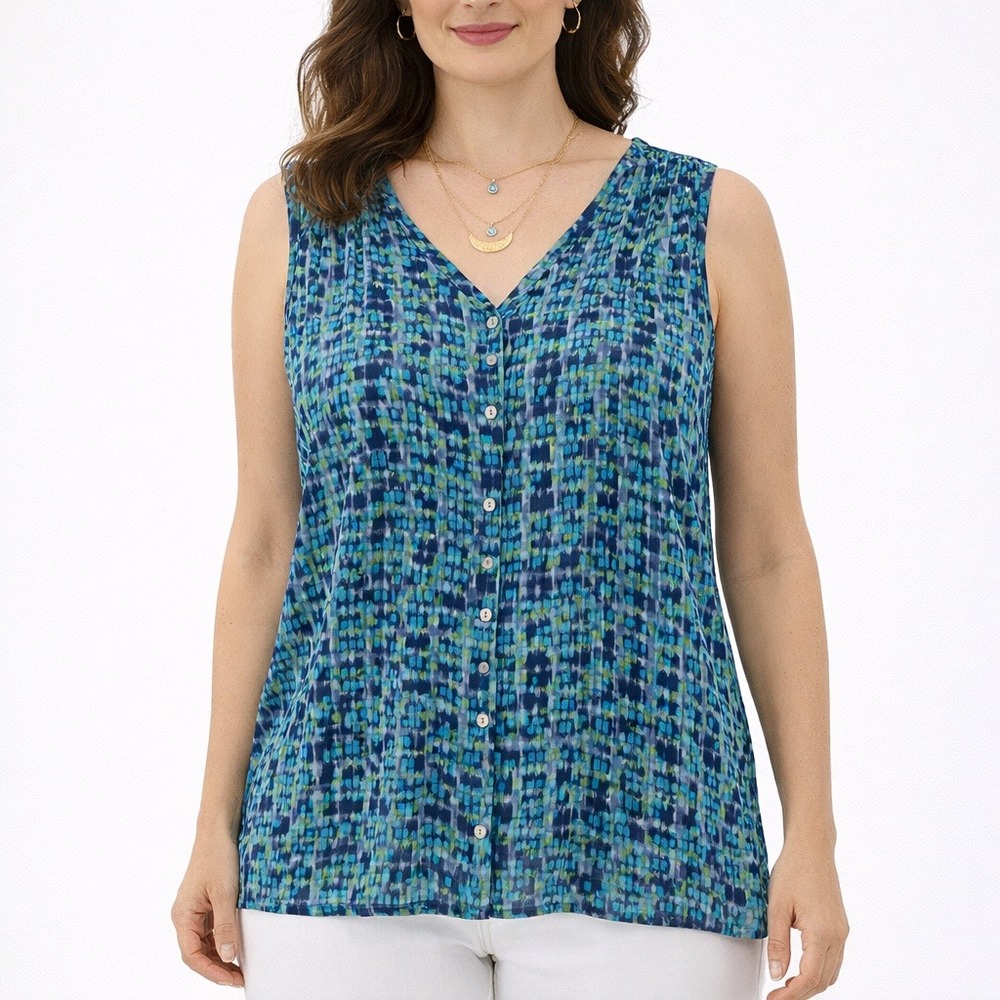J. Jill Blue Teal Geometric Print Sleeveless Blouse L Large V-Neck Button Front